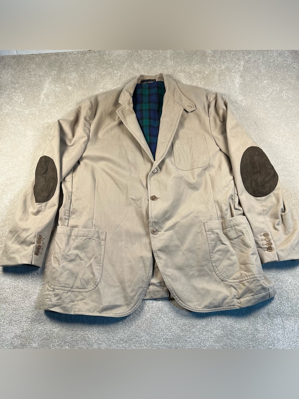 Lands End Field Sport Coat Blazer Jacket Tan Brown Elbow Patches 100% Cotton 42R